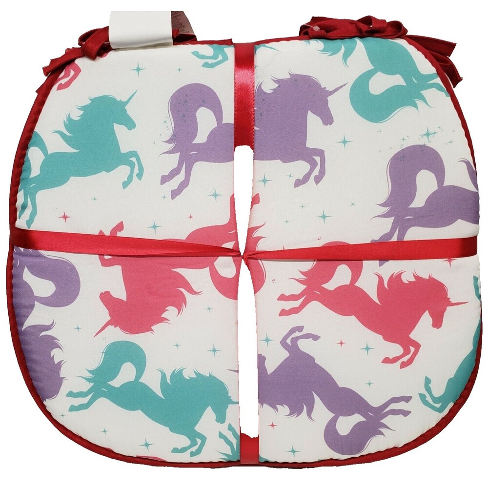 Set of 4 CHAIR PADS CUSHIONS with red tiess, 15" x 15", MULTICOLOR UNICORNS, BH